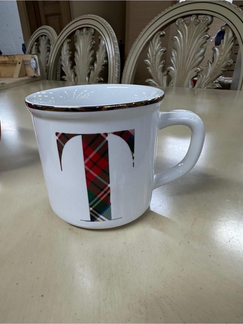 Pottery Barn Stewart Plaid Monogram T Mug - White with Red Plaid